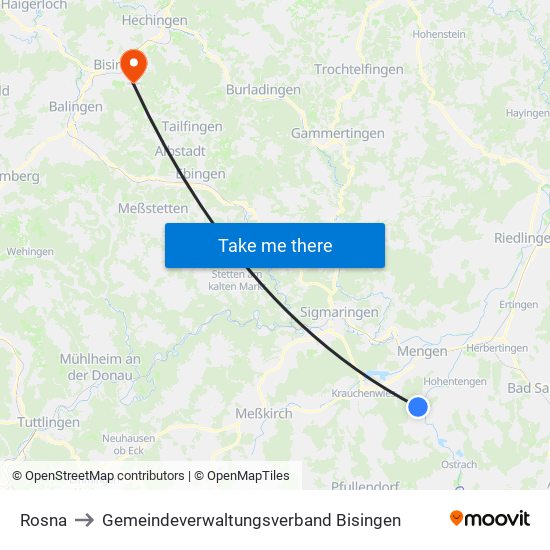 Rosna to Gemeindeverwaltungsverband Bisingen map