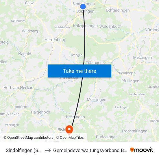 Sindelfingen (Stadt) to Gemeindeverwaltungsverband Bisingen map