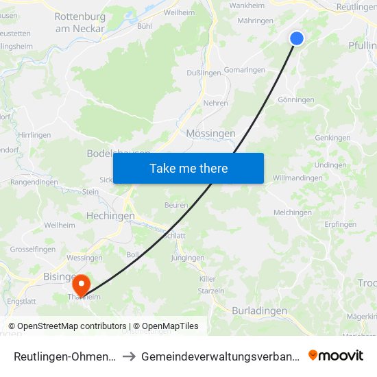 Reutlingen-Ohmenhausen to Gemeindeverwaltungsverband Bisingen map