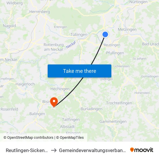 Reutlingen-Sickenhausen to Gemeindeverwaltungsverband Bisingen map