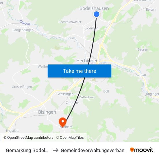 Gemarkung Bodelshausen to Gemeindeverwaltungsverband Bisingen map