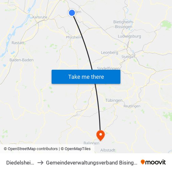 Diedelsheim to Gemeindeverwaltungsverband Bisingen map