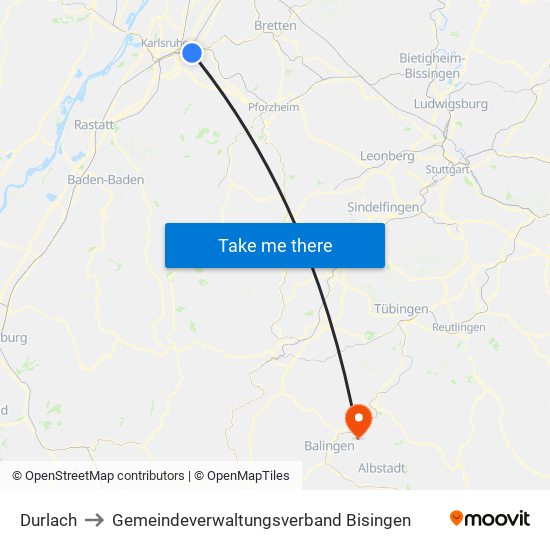 Durlach to Gemeindeverwaltungsverband Bisingen map