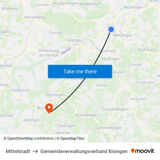 Mittelstadt to Gemeindeverwaltungsverband Bisingen map