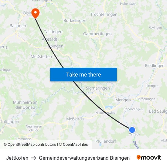 Jettkofen to Gemeindeverwaltungsverband Bisingen map