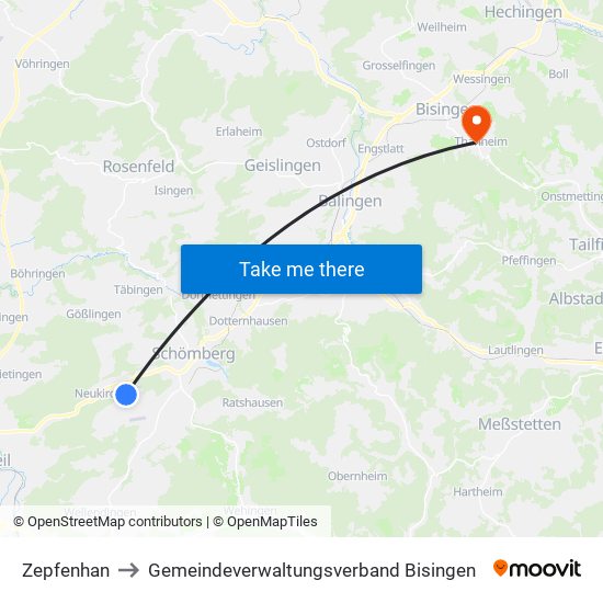 Zepfenhan to Gemeindeverwaltungsverband Bisingen map