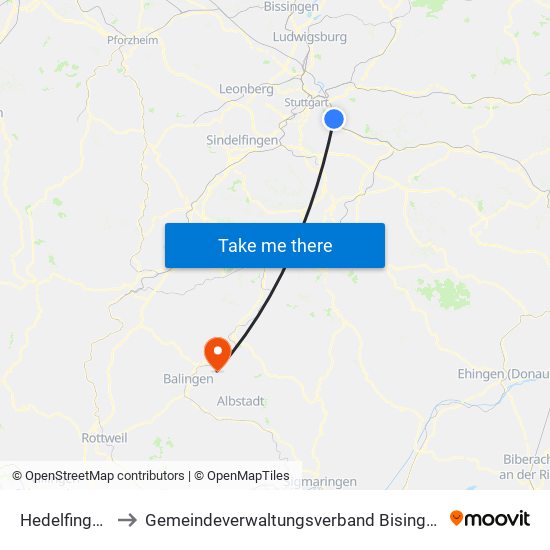 Hedelfingen to Gemeindeverwaltungsverband Bisingen map