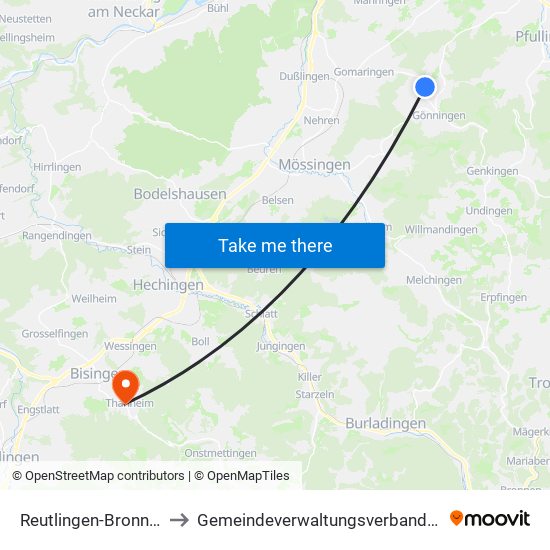 Reutlingen-Bronnweiler to Gemeindeverwaltungsverband Bisingen map