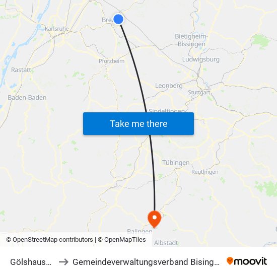 Gölshausen to Gemeindeverwaltungsverband Bisingen map