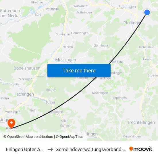 Eningen Unter Achalm to Gemeindeverwaltungsverband Bisingen map