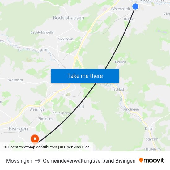 Mössingen to Gemeindeverwaltungsverband Bisingen map