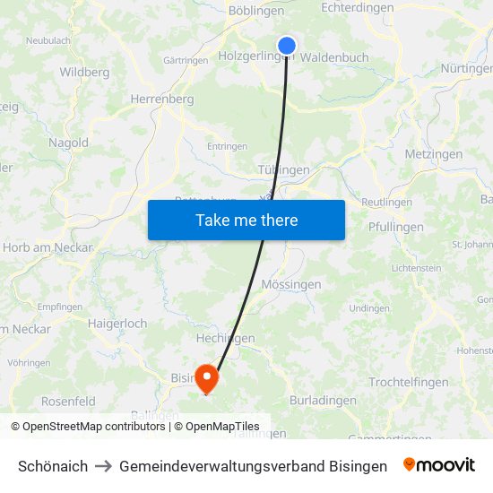 Schönaich to Gemeindeverwaltungsverband Bisingen map