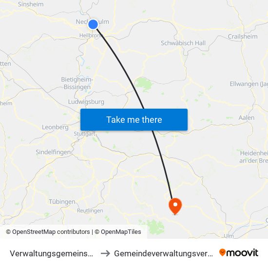 Verwaltungsgemeinschaft Neckarsulm to Gemeindeverwaltungsverband Laichinger Alb map