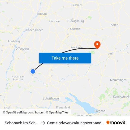 Schonach Im Schwarzwald to Gemeindeverwaltungsverband Laichinger Alb map