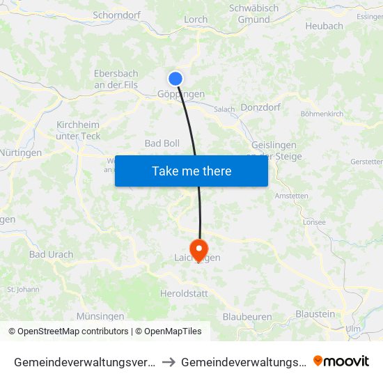 Gemeindeverwaltungsverband Östlicher Schurwald to Gemeindeverwaltungsverband Laichinger Alb map