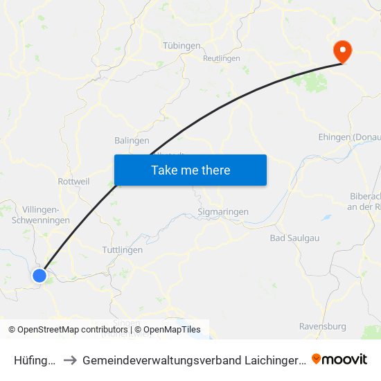 Hüfingen to Gemeindeverwaltungsverband Laichinger Alb map