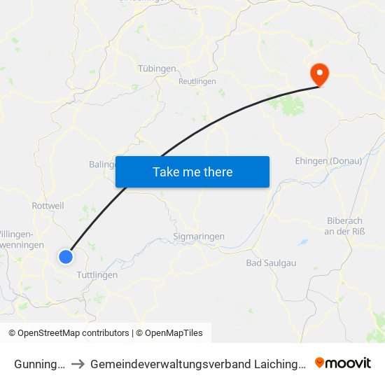 Gunningen to Gemeindeverwaltungsverband Laichinger Alb map