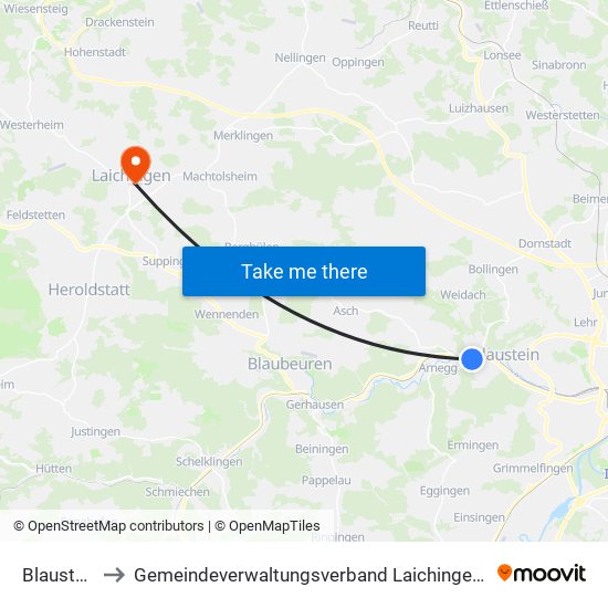 Blaustein to Gemeindeverwaltungsverband Laichinger Alb map