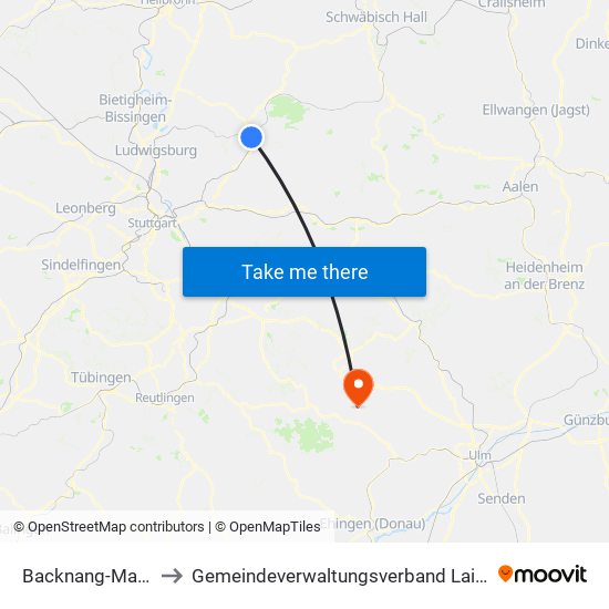 Backnang-Maubach to Gemeindeverwaltungsverband Laichinger Alb map