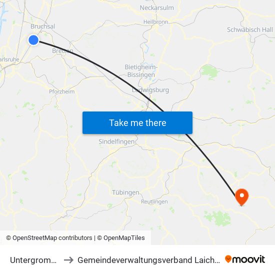 Untergrombach to Gemeindeverwaltungsverband Laichinger Alb map