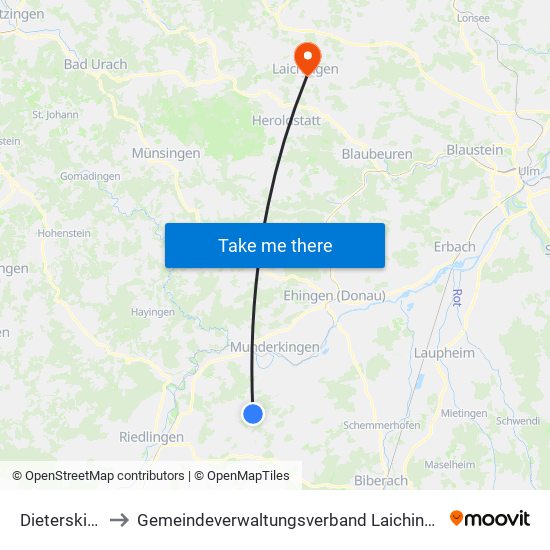 Dieterskirch to Gemeindeverwaltungsverband Laichinger Alb map