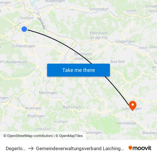 Degerloch to Gemeindeverwaltungsverband Laichinger Alb map