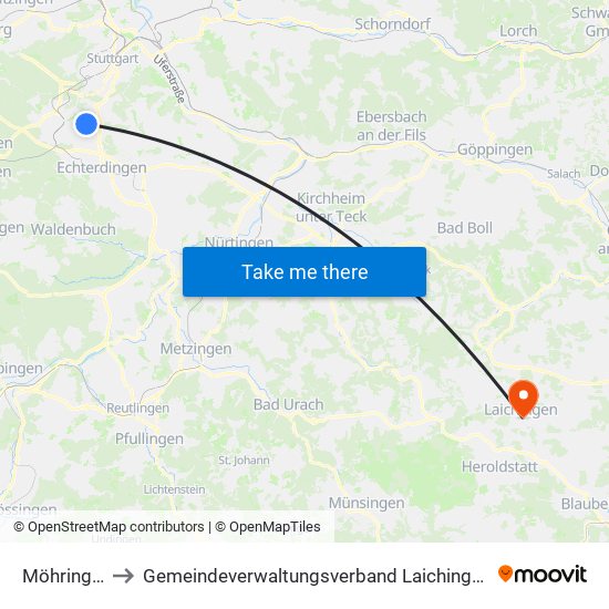 Möhringen to Gemeindeverwaltungsverband Laichinger Alb map