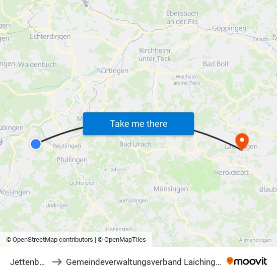 Jettenburg to Gemeindeverwaltungsverband Laichinger Alb map