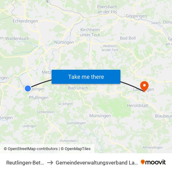 Reutlingen-Betzingen to Gemeindeverwaltungsverband Laichinger Alb map