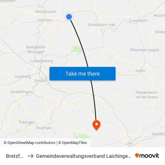 Bretzfeld to Gemeindeverwaltungsverband Laichinger Alb map