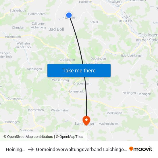 Heiningen to Gemeindeverwaltungsverband Laichinger Alb map