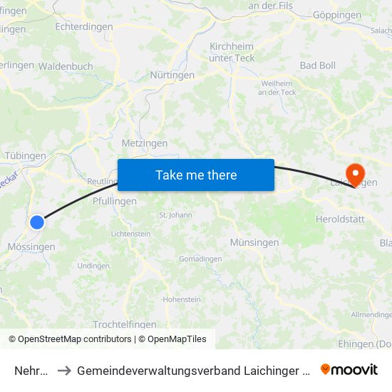 Nehren to Gemeindeverwaltungsverband Laichinger Alb map