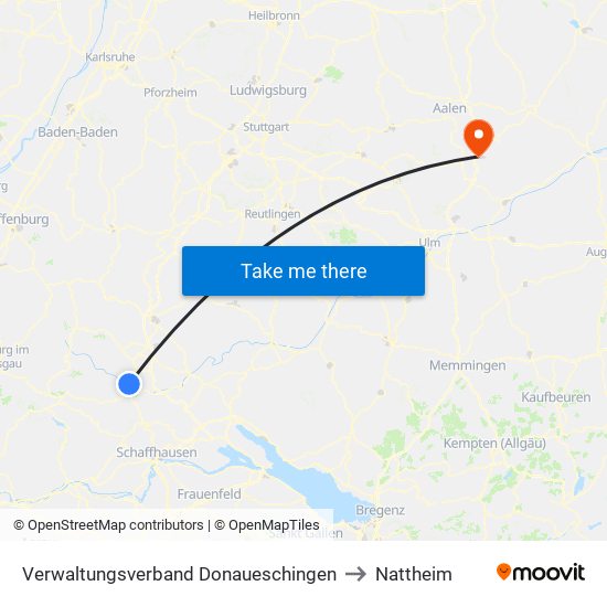 Verwaltungsverband Donaueschingen to Nattheim map