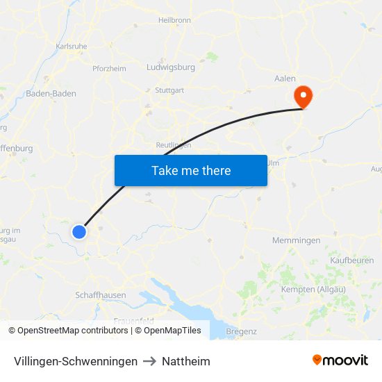 Villingen-Schwenningen to Nattheim map