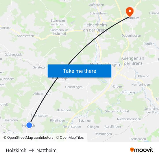 Holzkirch to Nattheim map