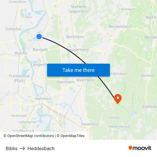 Biblis to Heddesbach map