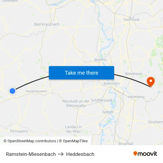 Ramstein-Miesenbach to Heddesbach map