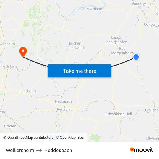 Weikersheim to Heddesbach map