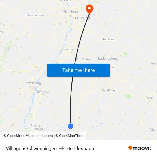 Villingen-Schwenningen to Heddesbach map