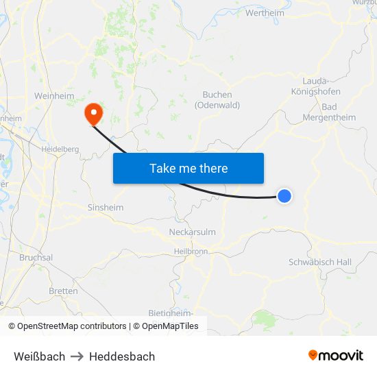 Weißbach to Heddesbach map