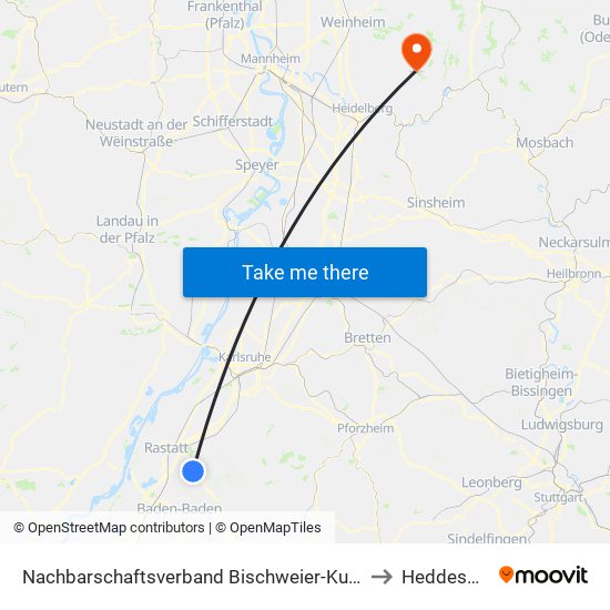 Nachbarschaftsverband Bischweier-Kuppenheim to Heddesbach map