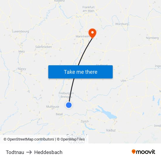 Todtnau to Heddesbach map
