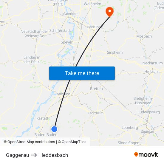 Gaggenau to Heddesbach map