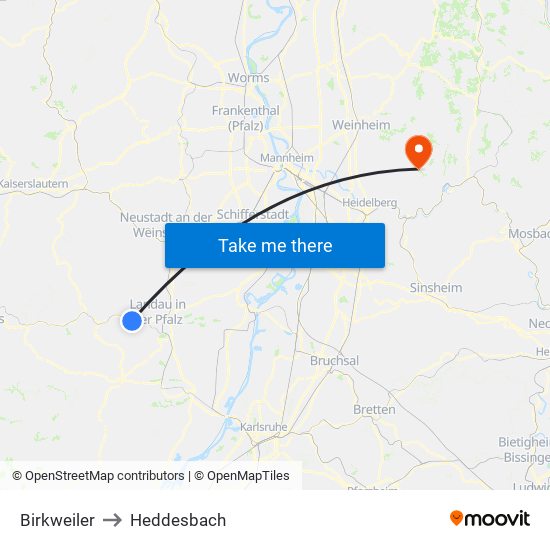 Birkweiler to Heddesbach map