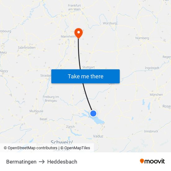 Bermatingen to Heddesbach map