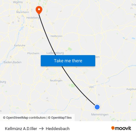 Kellmünz A.D.Iller to Heddesbach map