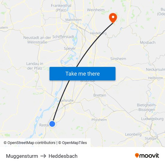 Muggensturm to Heddesbach map