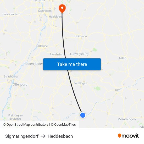 Sigmaringendorf to Heddesbach map