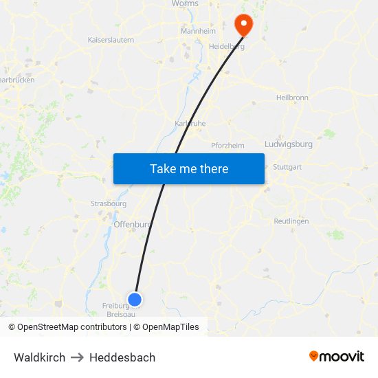 Waldkirch to Heddesbach map