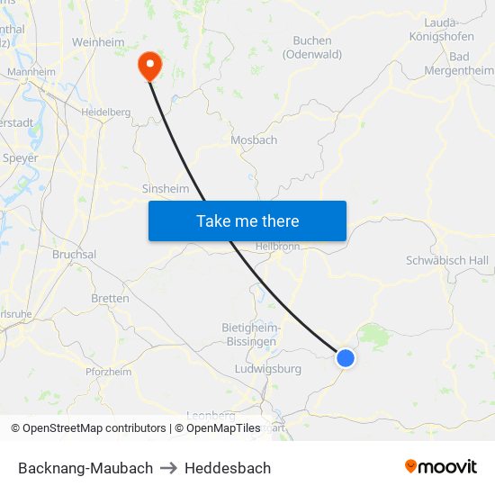 Backnang-Maubach to Heddesbach map